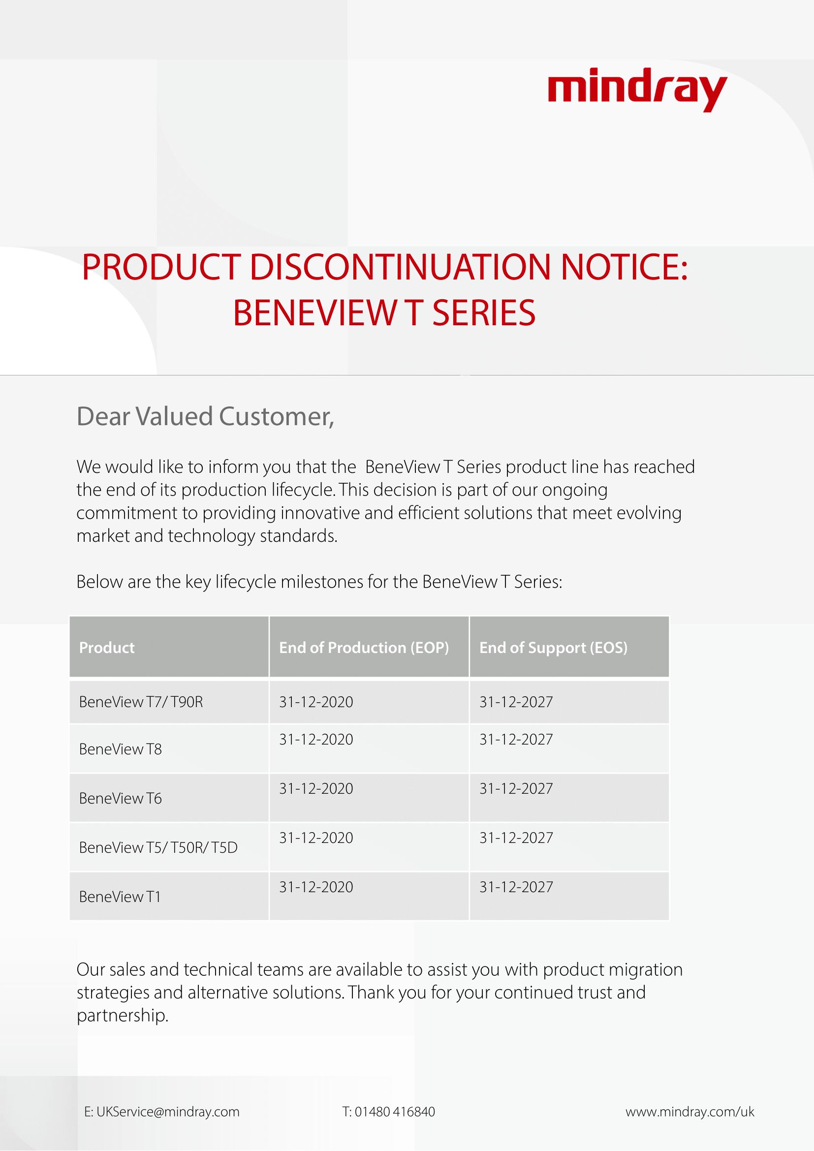 BeneView T EOL Message